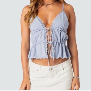 Edikted Blue Sleeveless Crop Camisole with Tie Front